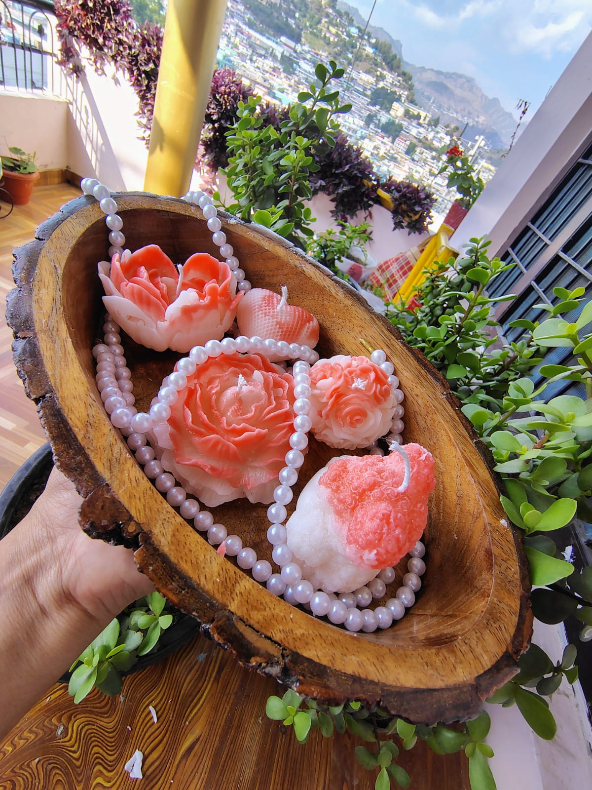 Coconut Shell with Pink Rose Candle